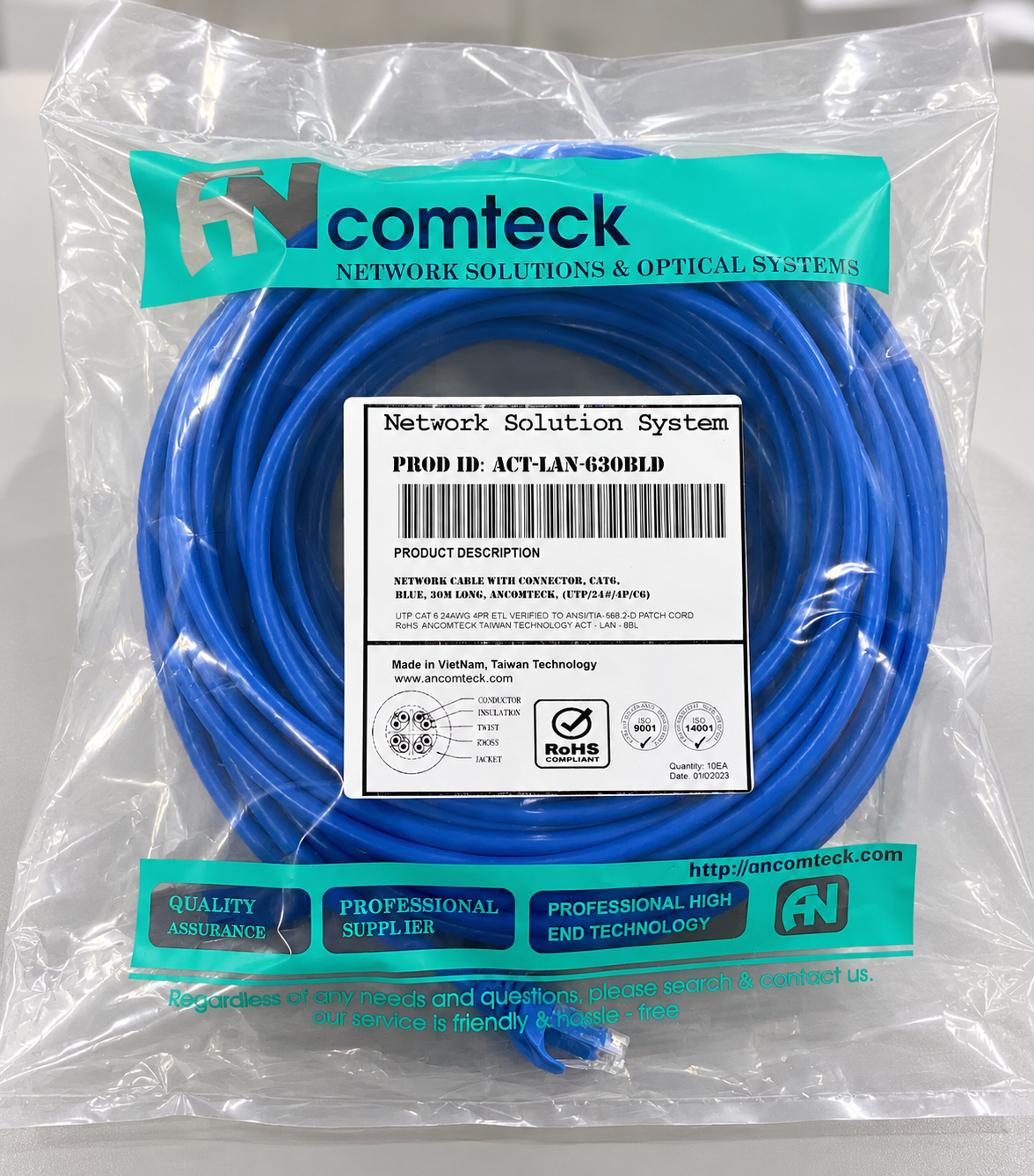 DÂY NHẢY PATCH CORD 30m CAT6 UTP lõi đồng, đầu đúc hiệu Ancomteck ACT-LAN-630BLD